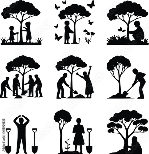 Tree Planting Silhouette Icon Set Eco Garden & Green Nature Silhouette Icons