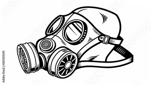 Gas mask with filters and straps in black and white detailed line art illustration showing safety gear