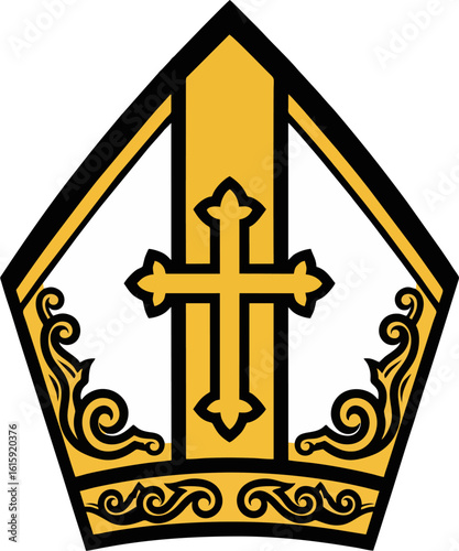 Minimalist Gold Bishop Mitre Vector with Gothic Cross and Religious Ornament