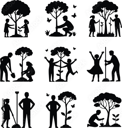 Tree Planting Silhouette Icon Set Eco Garden & Green Nature Silhouette Icons