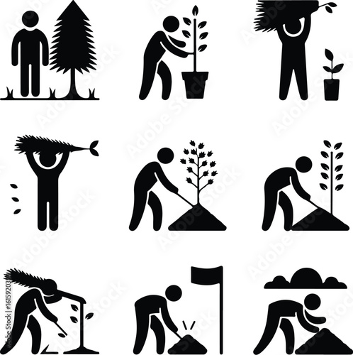 Tree Planting Silhouette Icon Set Eco Garden & Green Nature Silhouette Icons