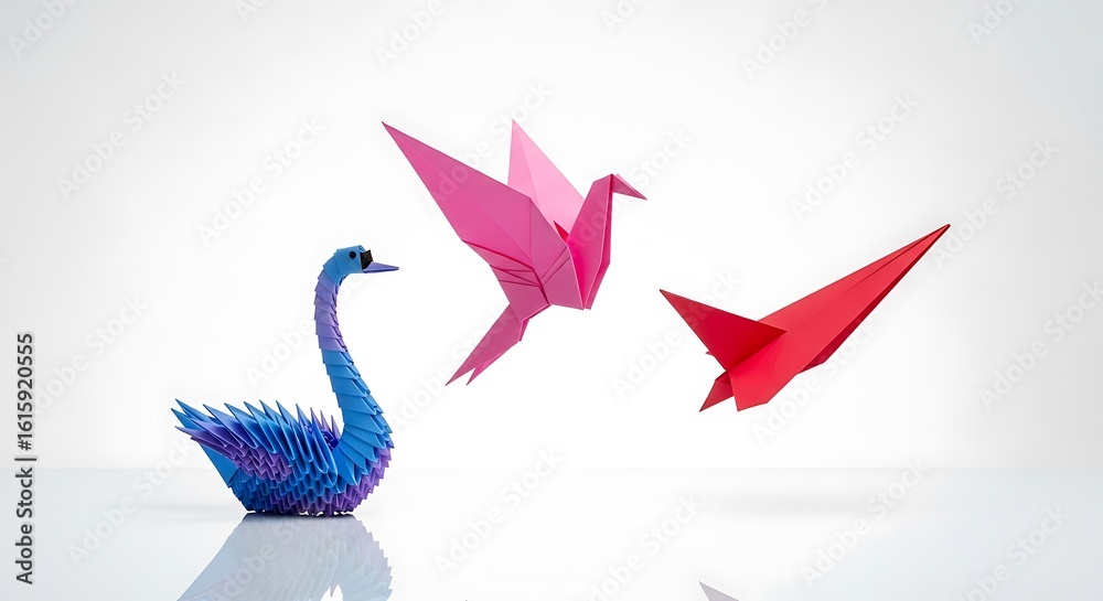 Fototapeta premium Illustration of a vibrant display of origami art featuring a swan, bird, and paper airplane against a white backdrop