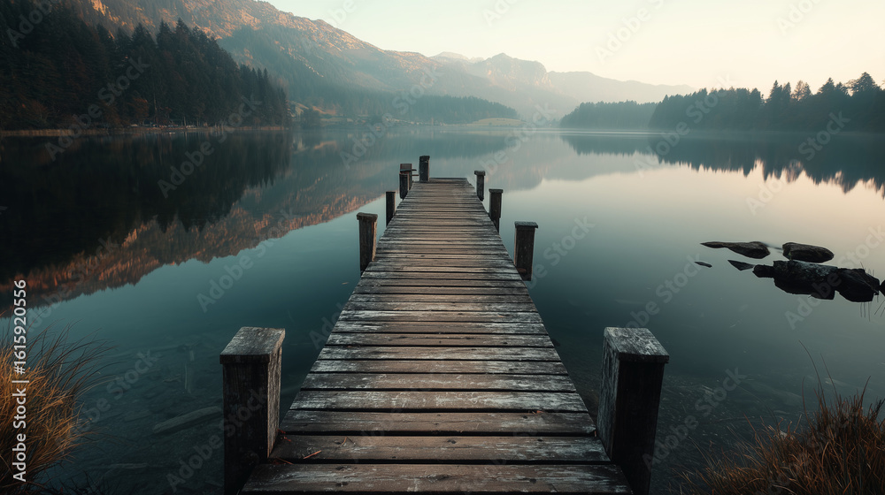Obraz premium Wooden dock leading into a calm lake
