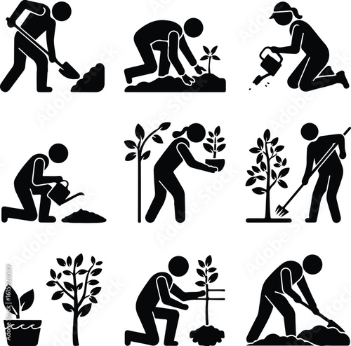 Tree Planting Silhouette Icon Set Eco Garden & Green Nature Silhouette Icons