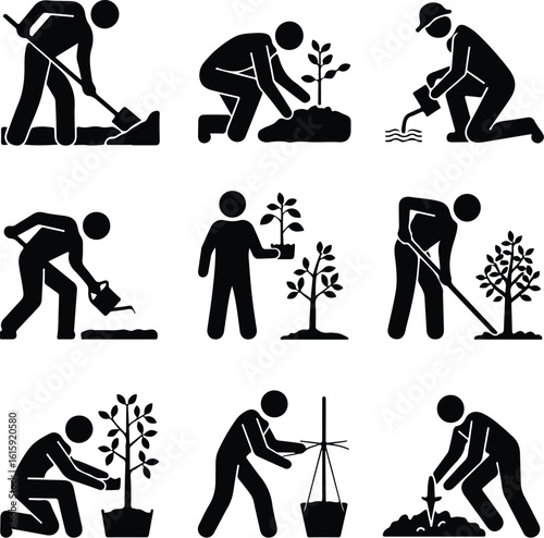 Tree Planting Silhouette Icon Set Eco Garden & Green Nature Silhouette Icons