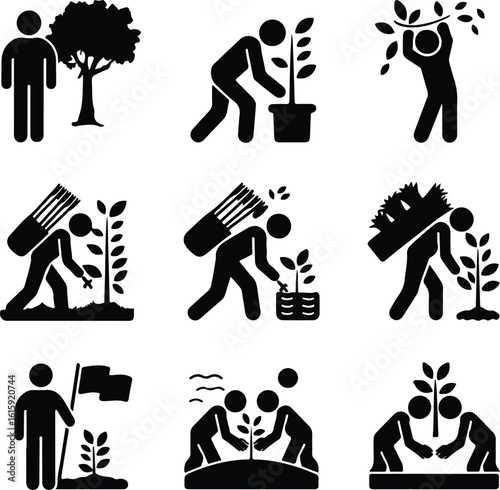 Tree Planting Silhouette Icon Set Eco Garden & Green Nature Silhouette Icons