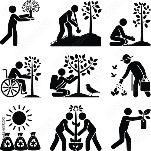 Tree Planting Silhouette Icon Set Eco Garden & Green Nature Silhouette Icons