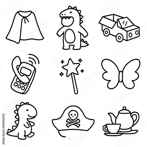 Toddler Imagination Icons. Outline style icons of toddler imagination: superhero cape, dragon costume, cardboard box car, pretend
