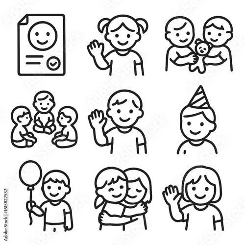 Toddler Social Icons. Outline style icons of toddler social life: playdate invite, playgroup icon, toy sharing, group activity