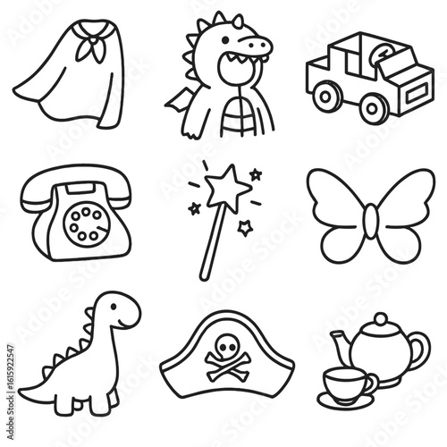 Toddler Imagination Icons. Outline style icons of toddler imagination: superhero cape, dragon costume, cardboard box car, pretend
