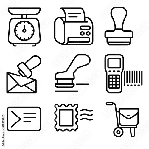 Postal Tools Icons. Outline style icons of Postal Tools: postage scale, label printer, address stamp, envelope sealer, postal
