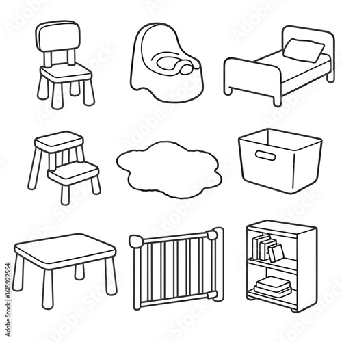 Toddler Furniture Icons. Outline style icons of toddler furniture: mini chair, training potty, toddler bed, step stool, soft rug,