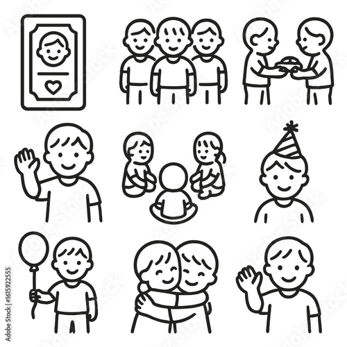Toddler Social Icons. Outline style icons of toddler social life: playdate invite, playgroup icon, toy sharing, group activity
