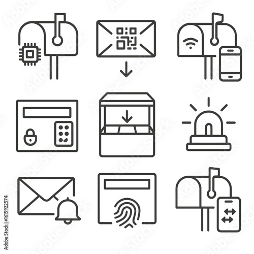 Smart Mailbox Icons. Outline style icons of Smart Mailboxes: mailbox with chip, QR scan mail, app-connected mailbox, digital lock