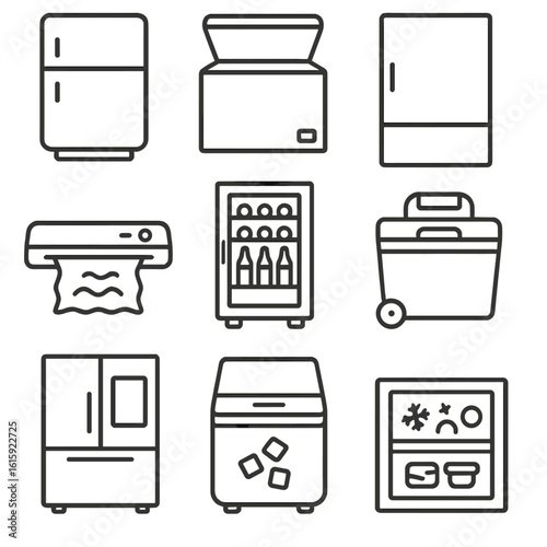 Food Storage Icons. Outline style icons of Food Storage Appliances: mini fridge, chest freezer, upright freezer, vacuum sealer,