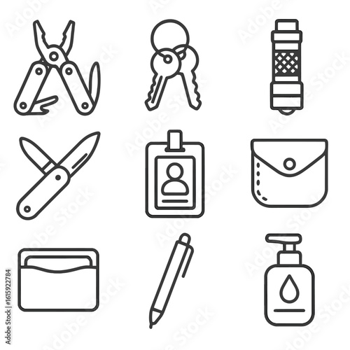 Everyday Carry Icons. Outline style icons of Everyday Carry Glyphs: multitool, keychain, small flashlight, pen knife, ID holder,