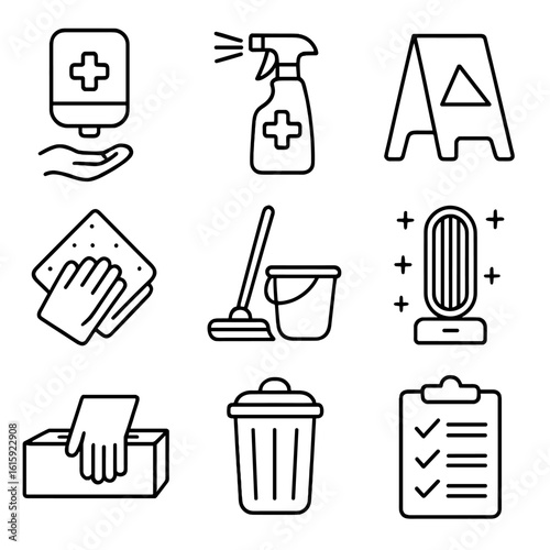 Clinic Sanitization Icons. Outline style icons of Sanitization in Clinic: hand sanitizer dispenser, disinfectant spray, floor sign