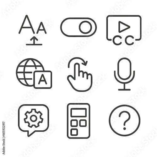 Inclusive App Icons. Outline style icons of Inclusive App Features: font resize icon, toggle contrast icon, auto-caption icon,