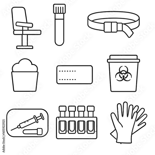 Blood Testing Icons. Outline style icons of Blood Testing Station: armrest chair, blood tube, tourniquet, cotton ball holder, test