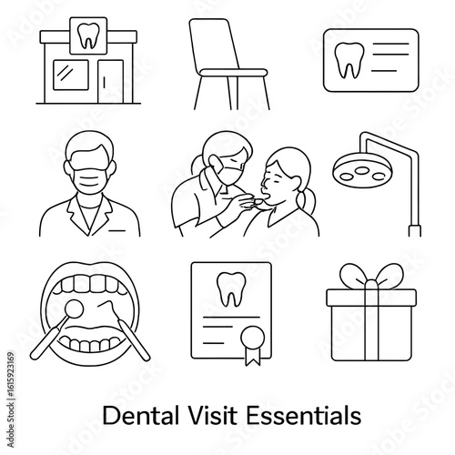 Dental Visit Icons. Outline style icons of Dental Visit Essentials: clean dental office icon, waiting room chair, appointment card