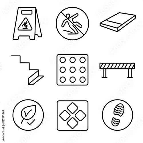 Safety Flooring Icons. Outline style icons of Safety in Flooring: caution wet floor sign, anti-slip icon, ramp edge tile, step