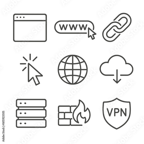 Internet Connectivity Icons. Outline style icons of Internet Browsing and Connectivity: browser window, www address bar, hyperlink
