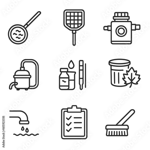 Water Feature Maintenance Icons. Outline style icons of Maintenance for Water Features: algae net, skimmer tool, pump filter,