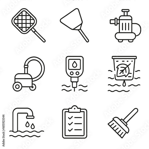 Water Feature Maintenance Icons. Outline style icons of Maintenance for Water Features: algae net, skimmer tool, pump filter,