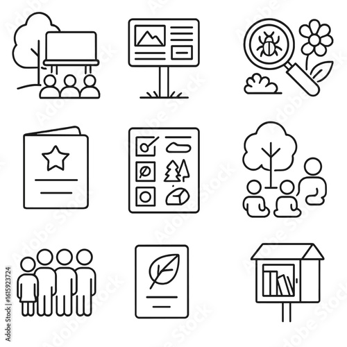 Educational Park Icons. Outline style icons of Educational Features in Parks: outdoor classroom, educational sign, bug observation