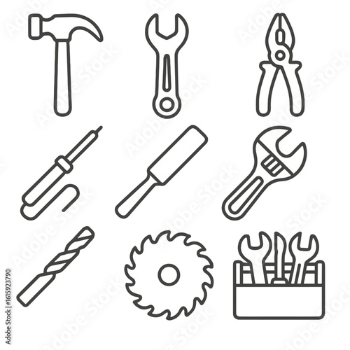 Outline Tool Icons. Outline style icons of Metal Tools and Equipment: metal hammer, steel wrench, metal pliers, soldering iron,