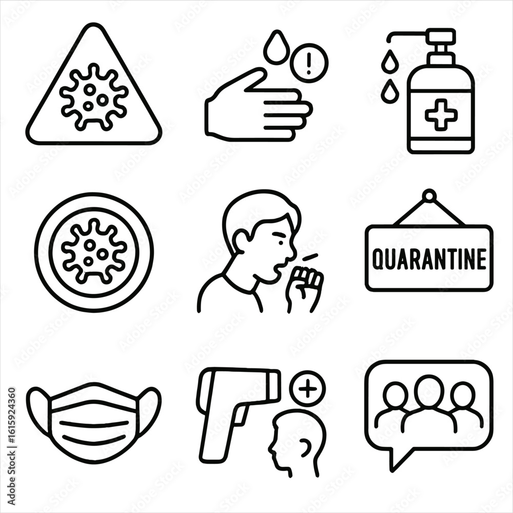 Fototapeta premium Health Alert Icons. Outline style icons of Health Hazard Alerts: virus exposure triangle, hand wash alert icon, sanitizer zone