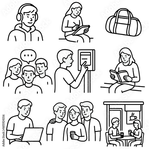 Youth Waiting Icons. Outline style icons of Youth and Students at Stop: headphones with teen, sketchpad on lap, sports bag icon,