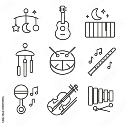 Sleep Instruments Icons. Outline style icons of Sleep Instruments: lullaby mobile, soft guitar, night piano keys, wind chime, soft