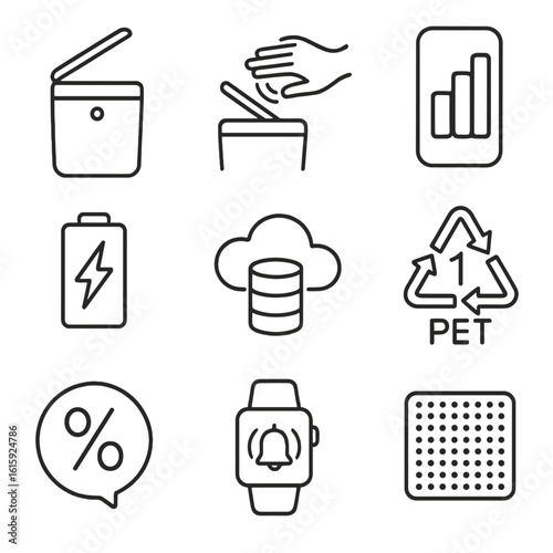 Smart Trash Bin Icons. Outline style icons of Smart trash bin: touchless lid, hand wave gesture, color bar fullness scale, battery