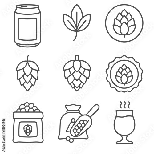 Craft Beer Icons. Outline style icons of Craft beer: pale ale can, single hop icon, citra leaf badge, cascade hop cone, amarillo