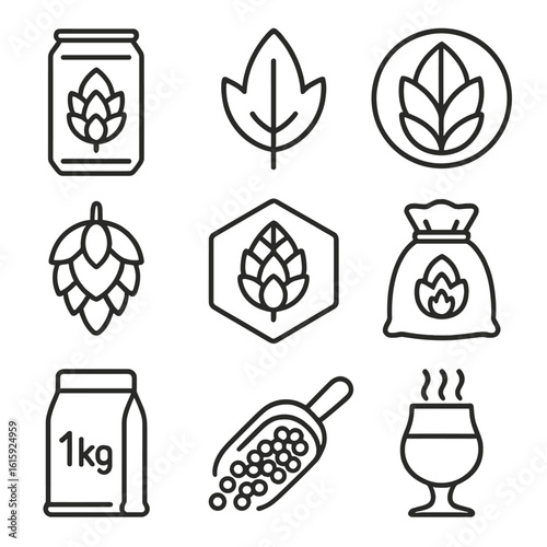 Craft Beer Icons. Outline style icons of Craft beer: pale ale can, single hop icon, citra leaf badge, cascade hop cone, amarillo