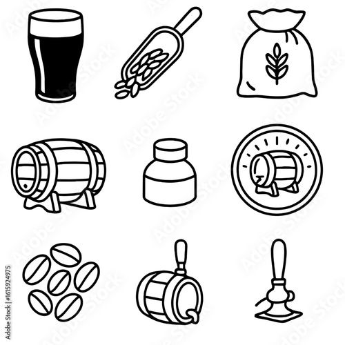 Craft Beer Icons. Outline style icons of Craft beer: porter pint, roasted barley scoop, chocolate malt bag, coffee bean mixed,