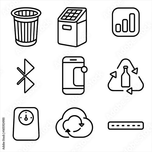 Smart Trash Bin Icons. Outline style icons of Smart trash bin: public park bin, solar panel lid, fill level sensor bars, bluetooth
