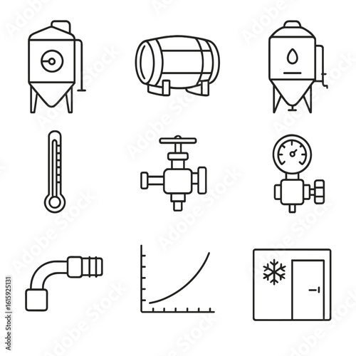Craft Beer Equipment Icons. Outline style icons of Craft beer: hybrid lager tank, horizontal lagering barrel, conical fermenter