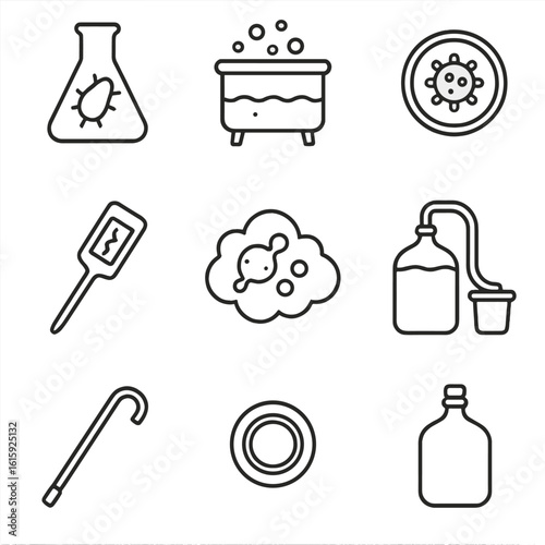 Craft Beer Icons. Outline style icons of Craft beer: saison yeast farmhouse, open vat fermentation, pre-acid shock icon,