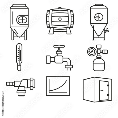 Craft Beer Equipment Icons. Outline style icons of Craft beer: hybrid lager tank, horizontal lagering barrel, conical fermenter