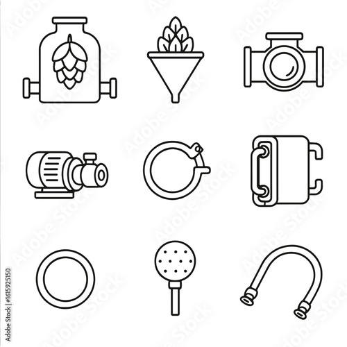 Craft Beer Equipment Icons. Outline style icons of Craft beer: hopback chamber, whole cone hopper, inline sight glass, wort pump,