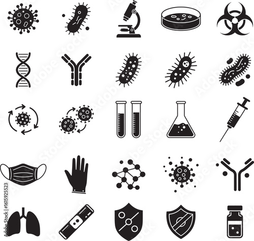 Microbiology and Virology Research Silhouette Icon Set