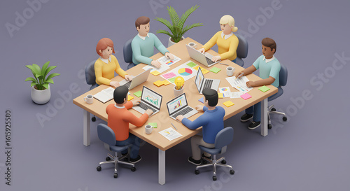 3D Coworkers in Team Meeting Around Table – Isometric