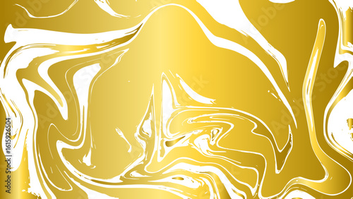 Abstract luxurious fluid background with golden metallic marbling blended with glossy white and deep bronze tones. Dynamic, wavy, and irregular swirling shapes, mimicking the texture of liquid gold.