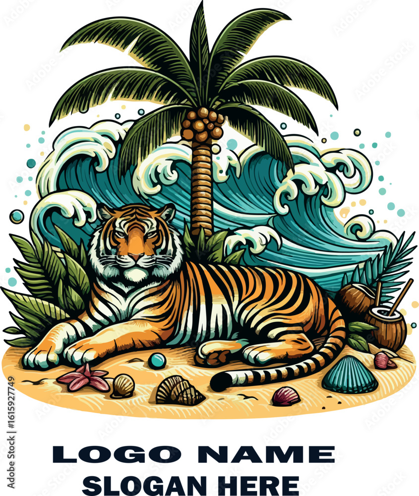Naklejka premium Colorful vector illustration of a relaxed tiger lounging under a beach palm tree .