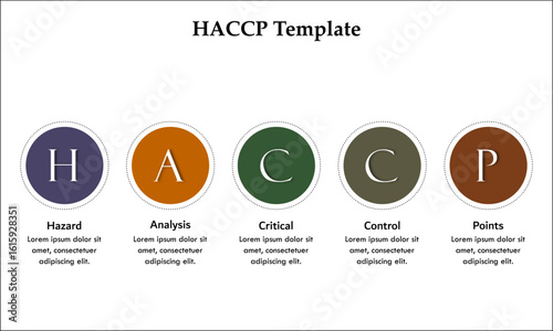 HACCP - Hazard, Analysis, Critical, Control, Points. Infographic template with icons and description placeholder