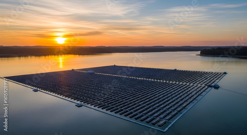Giant floating solar farm in the middle of a serene lake, sunset reflections 