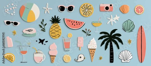 Big collection of summer stickers, beach ball and watermelon elements, palm tree, camera, lemon and orange slices, cocktail glass, surfboard, shell, sunglasses, sun, starfish, and ice cream.