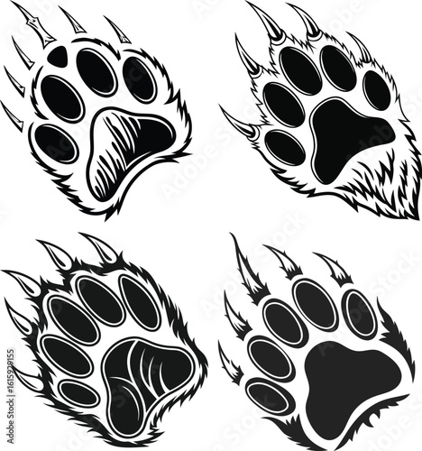 Black Bear Paw Print Silhouette Vector Graphic with Claw Marks